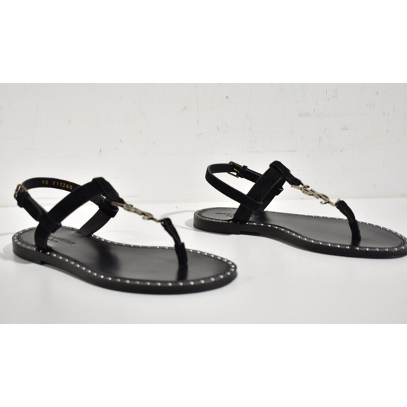 Saint Laurent YSL Logo Iota 05 Black Suede Studded Thong Slide Flat Sandal 35 - Picture 4 of 12